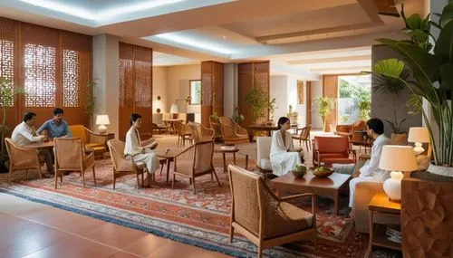 people sit and talk in a el lobby,breakfast room,rotana,hotel nacional,hotel hall,emirates palace hotel,dining room,Photography,General,Realistic