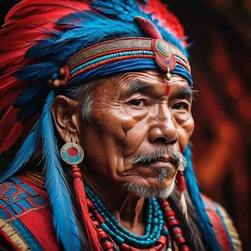 Imagine portrait photo of a asia old warrior chief, tribal panther make up, blue on red, side profile, looking away, serious eyes, 50mm portrait photography, hard rim lighting photography--beta --ar 2