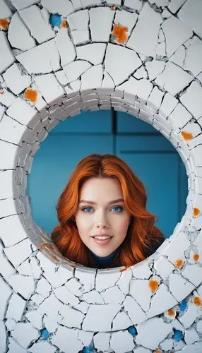 orange head Scarlett johanssen, white walker, smilling, popping out of round cracked wall, white ceramics wall, bright blue eyes photography,porthole,parabolic mirror,round autumn frame,looking glass,