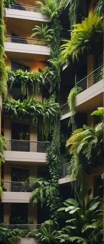 Greenery integrated building, modern architecture, plants overflowing from balconies, lush green walls, vines crawling up columns, tropical plants, palm trees, ferns, succulents, hanging gardens, vert