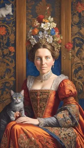 cat portrait,victorian lady,cat european,portrait of a woman,elizabeth nesbit,romantic portrait,queen anne,elizabeth i,portrait of a girl,meticulous painting,fantasy portrait,flower cat,artist portrait,woman sitting,domestic cat,napoleon cat,mazarine blue,portrait of christi,lilian gish - female,gothic portrait,Digital Art,Comic