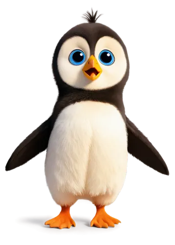 Pororo, penguin, childlike, cute, white belly, orange beak, little flippers, blue eyes, soft feathers, standing on one leg, looking up, curious expression, morning light, soft focus, shallow depth of 