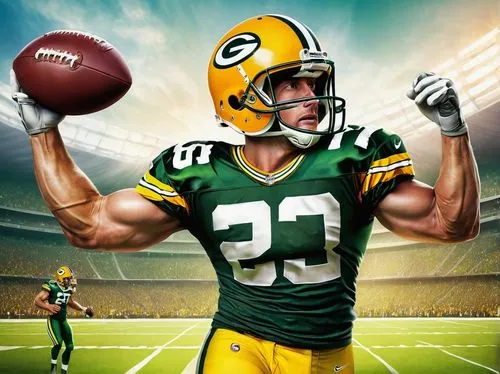 Green Bay Packers, American football team, sports jersey, helmet, shoulder pads, athletic pants, cleats, muscular man, strong arms, determined facial expression, holding a football, standing in a stad