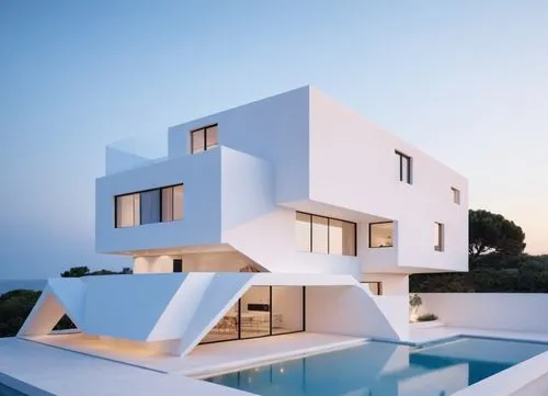 cubic house, minimal, composition of  some boxes with different sizes. white walls, dusk, ,a modern building with white walls and windows,cubic house,modern house,cube house,modern architecture,dunes 