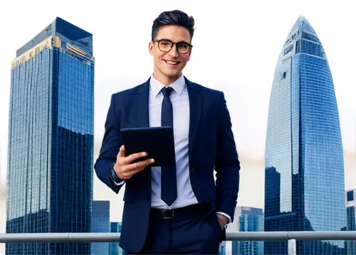 Entrepreneur, young adult, confident smile, stylish hair, trendy glasses, formal suit, white shirt, black tie, holding tablet, standing in front of city skyscraper, morning sunlight, shallow depth of 