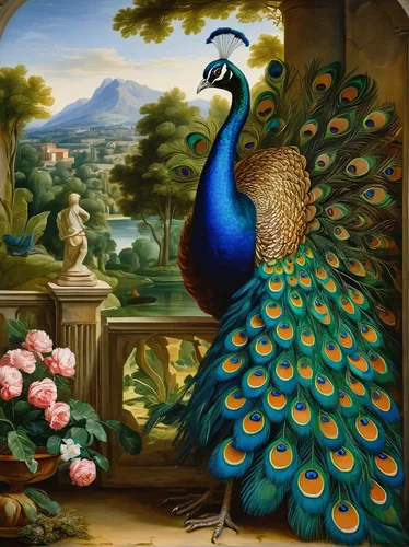 peacock,male peacock,fairy peacock,blue peacock,an ornamental bird,bird painting,ornamental bird,peacocks carnation,peafowl,pheasant,flower and bird illustration,ornithology,exotic bird,floral and bird frame,ornamental duck,peacock feathers,tropical birds,ring necked pheasant,rococo,portrait of a hen,Art,Classical Oil Painting,Classical Oil Painting 29