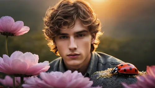 An enchanted dreamlike young 20 year old male model sits on a flower blossom and a ladybug watches him, sunrise, morning mist,,rose beetle,nature and man,photoshop manipulation,lepidopterist,flowers p