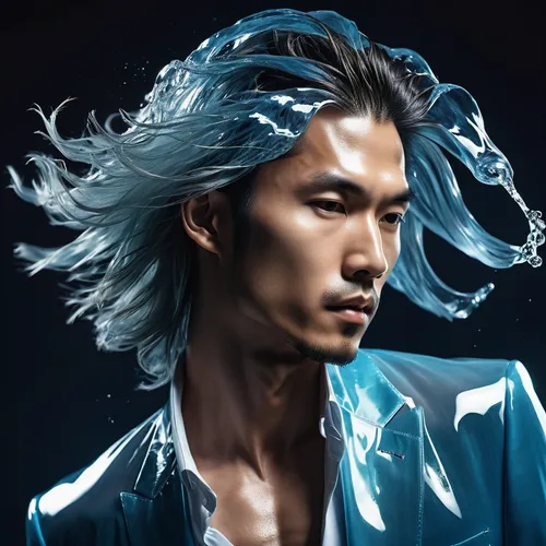 digital painting,hair gel,poseidon god face,world digital painting,cg artwork,blue painting,portrait background,blue rain,feathered hair,fantasy portrait,poseidon,artist color,skyflower,sea god,blue snake,kame sennin,lokportrait,blue color,man portraits,iceman,Photography,Artistic Photography,Artistic Photography 03