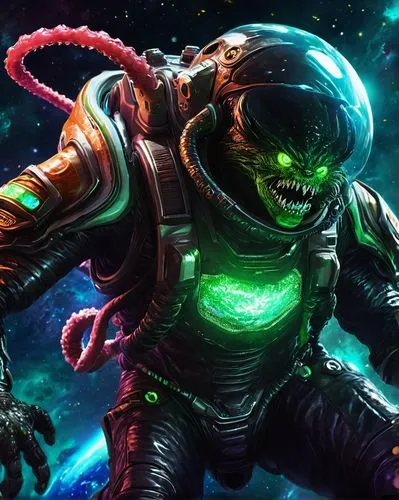 Space Monster Art, Alien Creature, Glowing Green Eyes, Sharp Teeth, Scales, Tentacles, Space Suit, Oxygen Tank, Helmet, Jetpack, Floating in Zero Gravity, Dark Galactic Background, Nebula, Stars, Plan