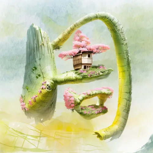 dragon bridge,fairy chimney,mushroom landscape,spring greeting,home landscape,japanese garden ornament,chinese art,world digital painting,fairy village,tree house,spring background,fairy world,chinese dragon,harp with flowers,fairy house,studio ghibli,game illustration,fantasy picture,lingzhi mushroom,crescent spring