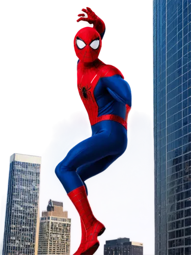 Spider-Man mask, half-face portrait, red and blue costume, detailed eyes, bright smile, messy brown hair, youthful appearance, heroic pose, confident expression, city skyscraper background, low-angle 