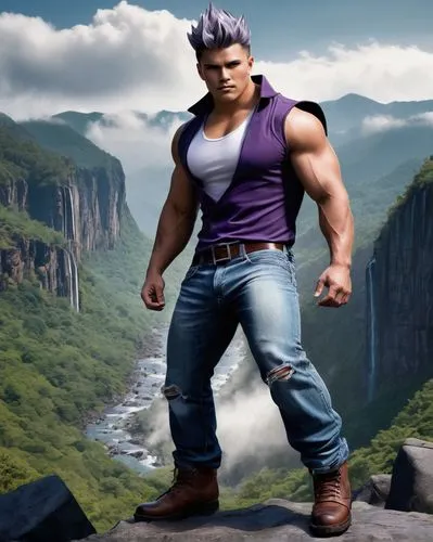 Gengar, realistic, muscular man, rugged facial features, short spiky hair, intense gaze, strong jawline, prominent nose, athletic build, sleeveless shirt, ripped jeans, heavy boots, confident stride, 