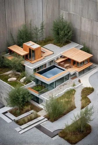 an aerial view of a house in the city,exposed concrete,dunes house,corten steel,landscaped,modern architecture,concrete construction,3D,Panoramic