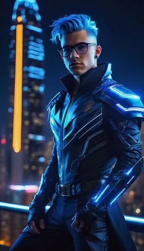 Male blue avatar, youthful, muscular build, spiky blue hair, piercing blue eyes, silver glasses, relaxed posture, leaning against a futuristic skyscraper, neon lights reflecting off his skin, metallic