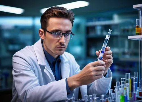 Male, scientist, 30s, intense gaze, black-rimmed glasses, short brown hair, lab coat, white shirt, dark blue pants, formal shoes, holding a pipette, hands steady, laboratory, modern equipment, futuris