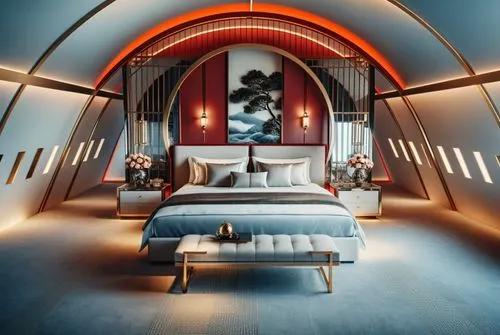 Neo Chinese, Red wall, luxurious decorations, geometric shapes, use of metal and glass,a modern bedroom with large window and decor,spaceship interior,private plane,ufo interior,sky space concept,stra