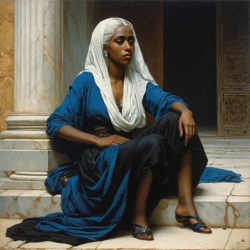 girl with cloth,woman at the well,woman sitting,praying woman,woman praying,girl in cloth,bouguereau,pilate,orientalism,cleopatra,african woman,portrait of a woman,young woman,ancient egyptian girl,african american woman,girl sitting,portrait of a girl,moorish,the prophet mary,karnak,Art,Classical Oil Painting,Classical Oil Painting 42