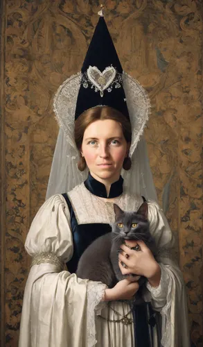 (portrait of a noble woman in 15th century medieval dress holding a one dark grey cat in her arms: 1,5), (on the woman's head there is a  Gothic 'Heart Shaped Hennin' with veil: 1,5), (a veil hangs fr