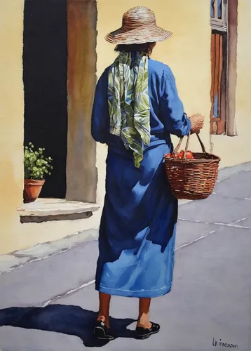 woman with ice-cream,woman walking,basket weaver,girl with bread-and-butter,old woman,woman shopping,italian painter,elderly lady,woman playing,pensioner,woman at cafe,girl in the kitchen,woman drinking coffee,basket maker,oil painting,shopper,woman hanging clothes,woman holding pie,vietnamese woman,puglia,Illustration,Retro,Retro 04