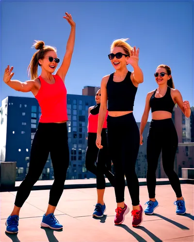 Group fitness, outdoor exercise, young adults, athletic wear, sporty hairstyles, sunglasses, energetic poses, jumping, stretching, laughing, high-fiving, urban rooftop setting, bright blue sky, warm s