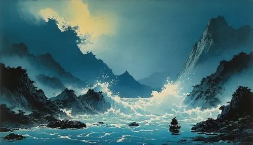 aivazovsky,huangshan,jianfeng,yangtze,fjord,zhangjiagang,dokdo,sea landscape,huashan,mountain and sea,japanese waves,tidal wave,the blue caves,metavolcanic,fjord landscape,yamatai,blue cave,navajo bay,blue caves,vast,Illustration,Japanese style,Japanese Style 09