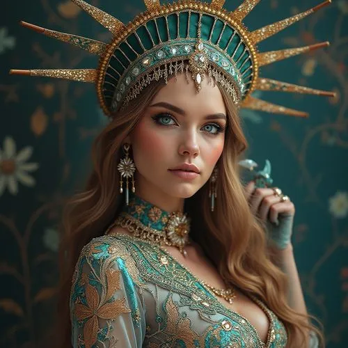 A ravishingly beautiful Miss Liberty with flawless skin and mesmerizing eyes, adorned in an elaborate, hand-beaded and embroidered outfit in a vibrant color palette, accentuated by stunning futuristic