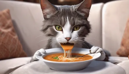 Cat eating soup with a fork on a sofa,cat drinking tea,pumpkin soup,cat coffee,soup,tomato soup,cream of pumpkin soup,bisque,miso soup,tea party cat,étouffée,nihari,laksa,cat's cafe,espresso,gazpacho,