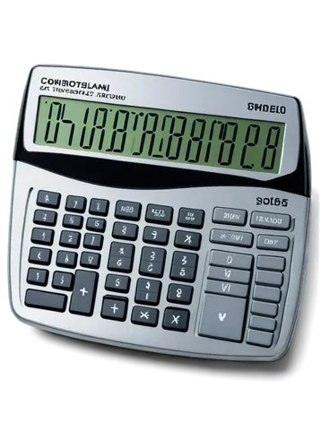 Electronic calculator, silver metal body, LCD screen, numeric keypad, battery-powered, compact size, ergonomic design, rounded edges, glossy finish, subtle reflection, slight shadow, 3/4 composition, 