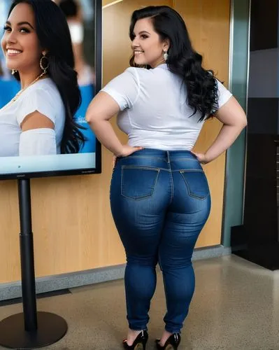 realistic, detailed random verry busty polish 20 year old plussize lady, black long hair, nice face, smile, ear rings, curvy body, wide hips,fat ass,  transparent white shirt, blue jeans, high heels, 