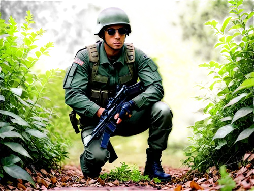 Camouflage, photo, male soldier, green uniform, helmet, sunglasses, rifle, crouching, bushes background, leaves texture, natural lighting, 3/4 composition, shallow depth of field, realistic, warm colo