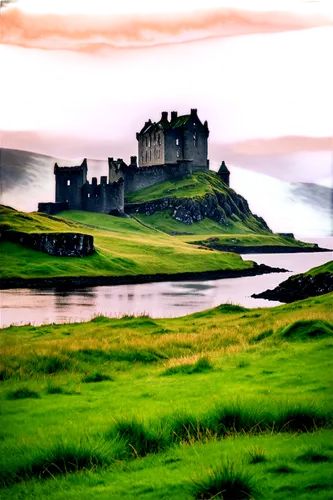 Scotland scenery, misty mountains, rugged landscape, rolling hills, majestic castle, ancient ruins, mysterious loch, foggy atmosphere, mystical twilight, warm golden lighting, cinematic composition, p