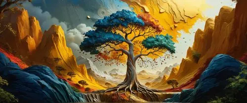 painted tree,fantasy picture,fantasy landscape,magic tree,fantasy art,mushroom landscape