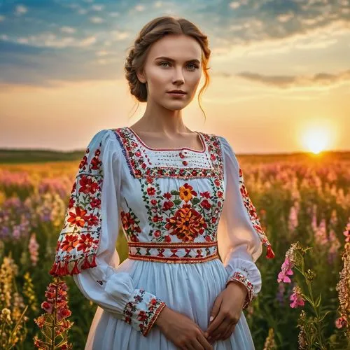 russian folk style,country dress,tatarstan,folk costume,ukrainian,folk costumes,girl in flowers,puszta,beautiful girl with flowers,ukraine,russian traditions,belarus byn,girl in a historic way,russian holiday,field of flowers,russian culture,eastern ukraine,girl in a long dress,countrygirl,prairie,Photography,General,Realistic