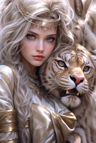 she feeds the lion,female lion,fantasy art,lioness,female warrior,fantasy portrait,heroic fantasy,lion white,white lion,lionesses,lion - feline,two lion,fantasy picture,white tiger,warrior woman,golden eyes,cat warrior,forest king lion,lion,zodiac sign leo