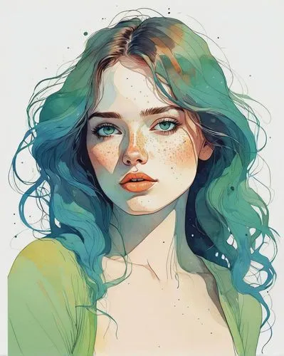 alluring lady cute, curved buxom beautiful body, in the style of simplistic vector art, flat shading, emotive expressions, wild woman, transparent costume, very long dark blonde hair, blue-green eyes,