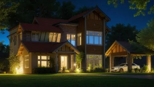 landscape lighting,3d rendering,house in the forest,wooden house,chalet,render,timber house,model house,summer cottage,luxury home,smart home,residential house,new england style house,beautiful home,build by mirza golam pir,holiday villa,3d render,visual effect lighting,villa,private house