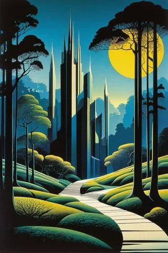 futuristic landscape,travel poster,art deco,paisaje,cool woodblock images,mcquarrie,cartoon forest,forest landscape,schuiten,bawden,schuitema,ecotopia,art deco background,hildebrandt,cypresses,fairhurst,metropolis,tirith,woodroffe,linocuts,Illustration,Vector,Vector 09