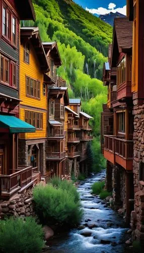 Telluride art and architecture, Victorian-era inspired buildings, ornate wooden balconies, stained glass windows, rustic stone walls, vibrant colored murals, eclectic mix of modern sculptures, abstrac