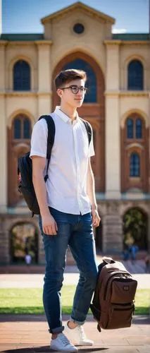 Male, young adult, solo, (22yo), stylish short hair, black framed glasses, white shirt, dark blue jeans, brown leather shoes, backpack, holding architectural model, standing, Adelaide University campu