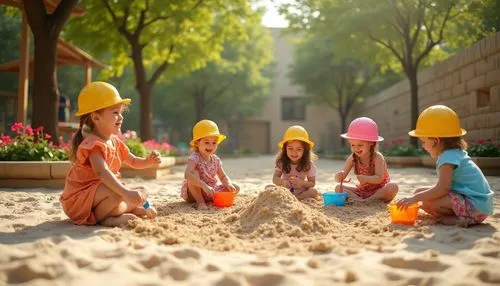 Kindergarten playground, sandbox area, natural outdoor setting, sunny day, warm light, kids (3-5yo) playing, laughing, building sandcastles, digging tunnels, carrying buckets, wearing bright colorful 