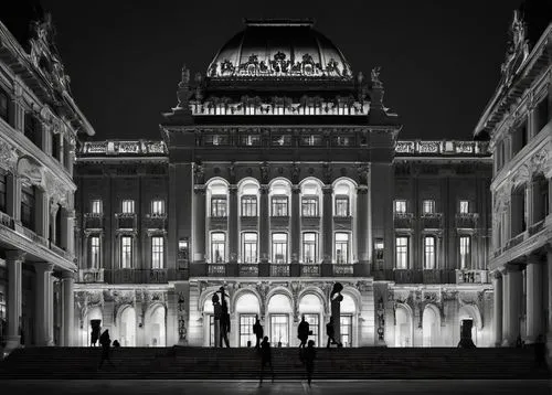 Francis D.K. Ching style, architectural graphics, detailed building facade, ornate decorations, grand entrance, sweeping staircases, high ceilings, large windows, symmetrical composition, majestic atm