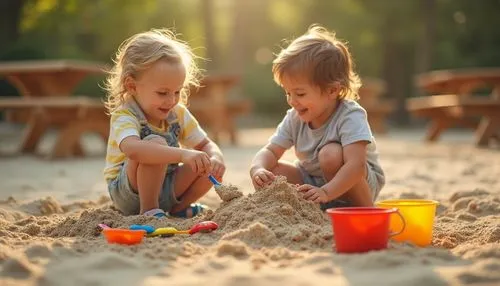 Kindergarten playground, sandy area, kids playing, laughing, sandbox, wooden benches, colorful toys, buckets, shovels, children's hands molding sandcastles, gentle sunlight, warm atmosphere, natural t