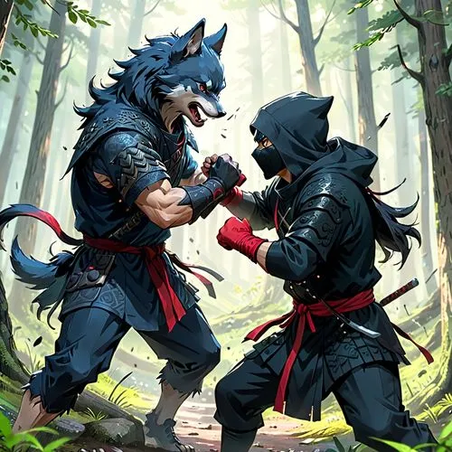 two wolves,zebari,swordfight,warrior and orc,confrontation,fisticuffs,Anime,Anime,General