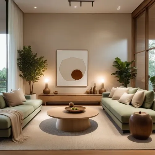 Design a space inspired by the fusion of Japanese and Nordic styles. The environment should be minimalist, with soft and natural tones that evoke calm and serenity. Use light wood for furniture and ac