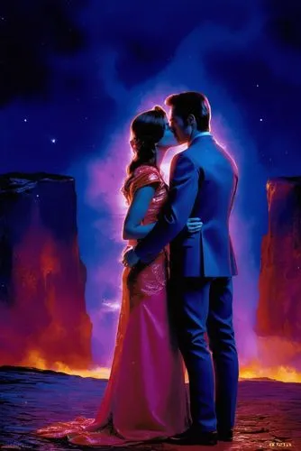 a painting of a couple kissing and holding each other,romantic scene,gallifrey,saawariya,romantica,struzan,fire background,Illustration,American Style,American Style 01