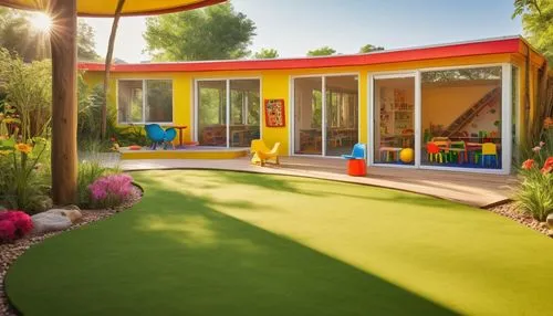 artificial grass,children's playhouse,children's interior,nurseries,nursery,mid century house,mini golf course,kidspace,kids room,playhouses,miniature golf,golf lawn,ecovillages,prefabricated buildings,cohousing,kindercare,yellow garden,playrooms,prekindergarten,play area,Illustration,Retro,Retro 22