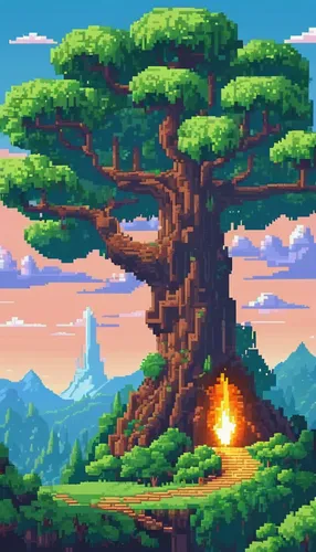 mushroom landscape,cartoon video game background,mushroom island,pixel art,tree mushroom,cartoon forest,bird kingdom,magic tree,a tree,tree torch,game art,retro background,burning tree trunk,forest tree,oak,bigtree,old tree,dragon tree,tree,flourishing tree,Unique,Pixel,Pixel 01