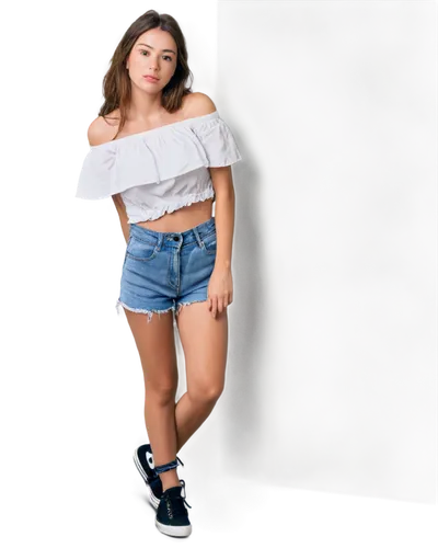 girl on a white background,girl in t-shirt,jean shorts,skort,jeans background,bermuda shorts,denim skirt,shorts,in shorts,summer clothing,women's clothing,gap kids,female model,cotton top,cute clothes,active shorts,crop top,young model,summer items,teen,Illustration,American Style,American Style 01