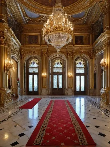 Baroque Charles architecture, grandiose, ornate, golden decorations, intricate carvings, white marble columns, high ceilings, stained glass windows, grand staircase, red carpet, luxurious chandeliers,