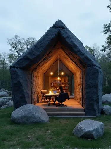 A small home office inside an angular black rock, with lights on and a person working at a desk in the middle, surrounded by large rocks, located outdoors on a grassy lawn. Architectural photography.
